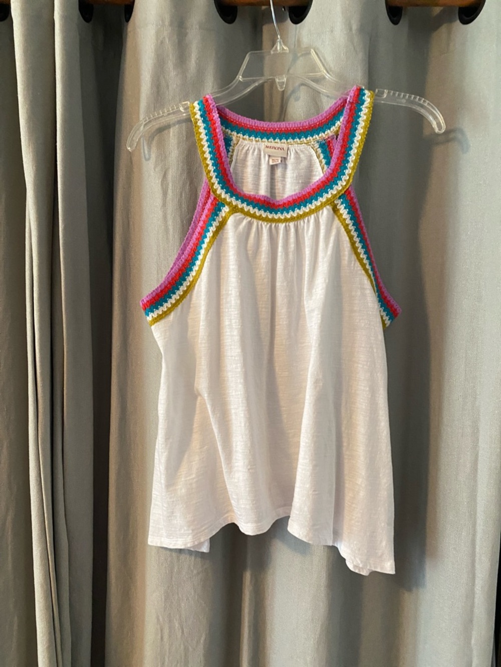 Merona White Tank with Pink, Teal & Yellow Crochet Trim, Women’s Size Medium